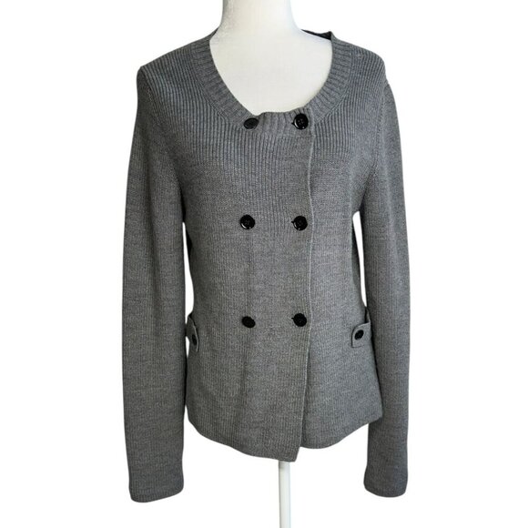 Banana Republic Gray Merino WOOL Double Breasted Cardigan Sweater *FLAW Size L - Picture 2 of 9